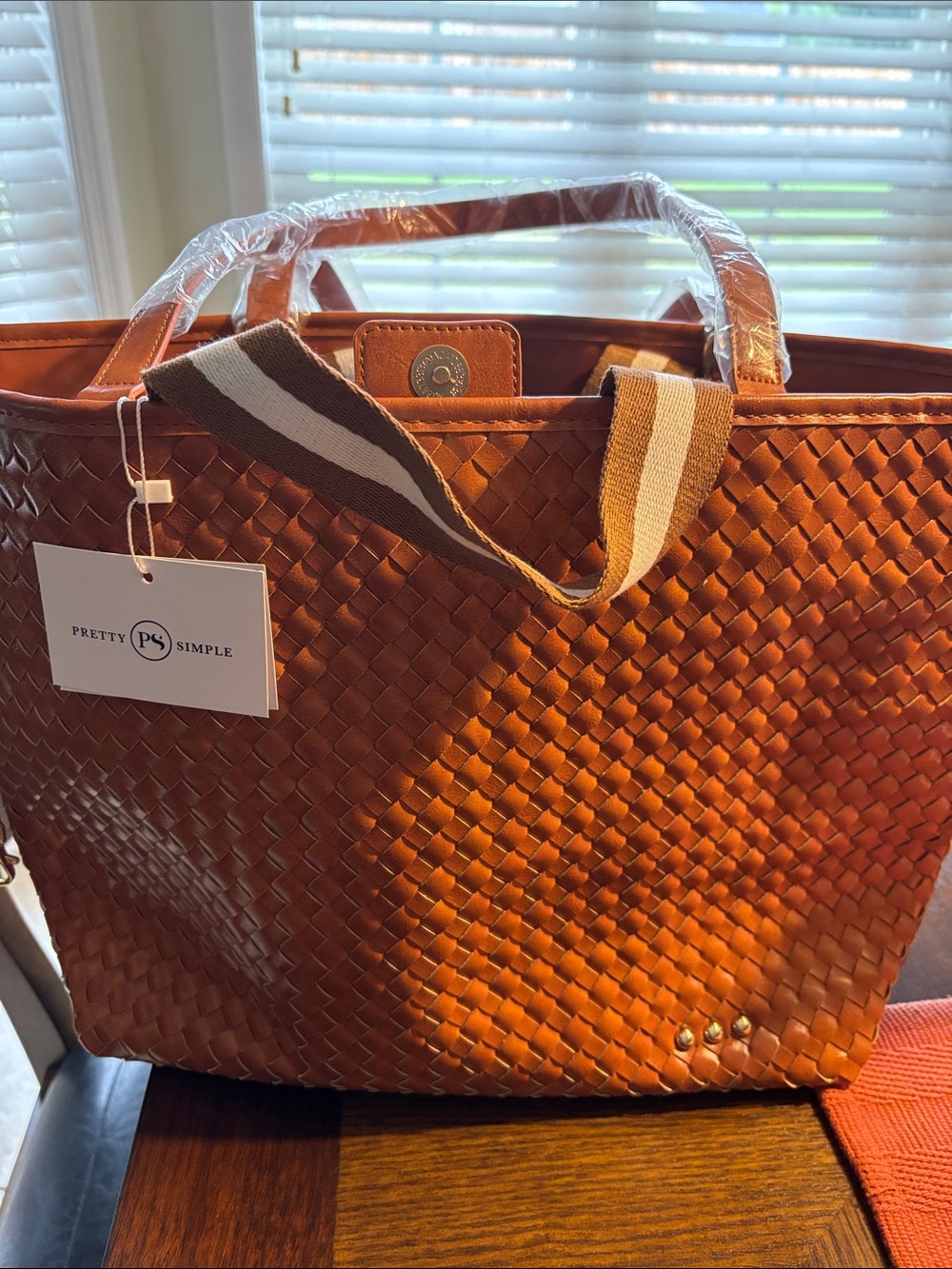 Pretty Simple Woven Tan Leather like Tote with Striped Shoulder Strap